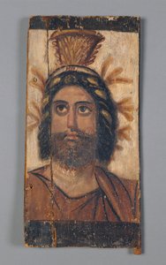 Paneel met Geschilderd Beeld van Serapis met een gouden Kalathos kroon, 180-200 AD